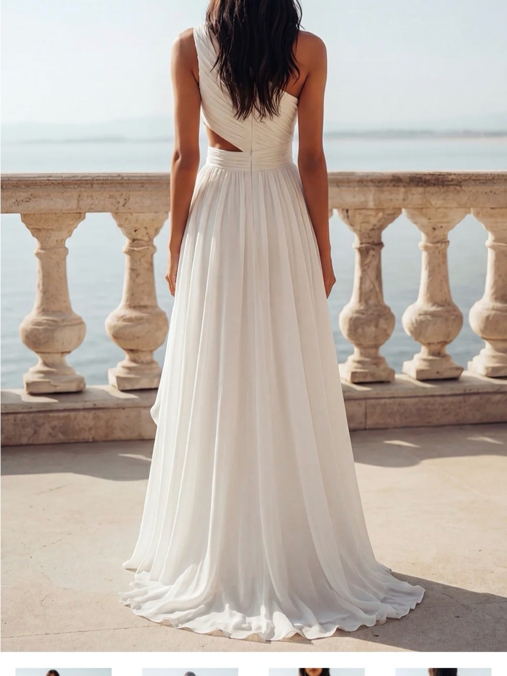 White Asymmetrical Ruffle Chiffon Maxi Dress - Elegant One-Shoulder Design - Picture 2 of 4